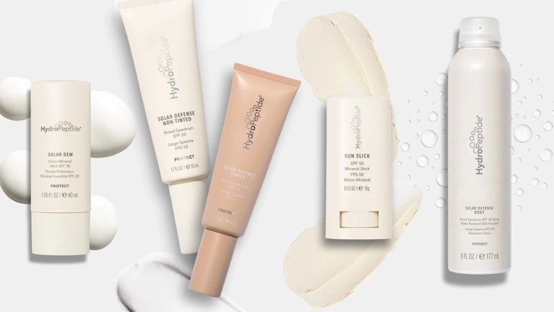 image of the products HydroPeptide Solar Dew SPF, HydroPeptide Tinted + Non-Tinted SPF, HydroPeptide SPF Sun Stick, and HydroPeptide SPF Body Spray